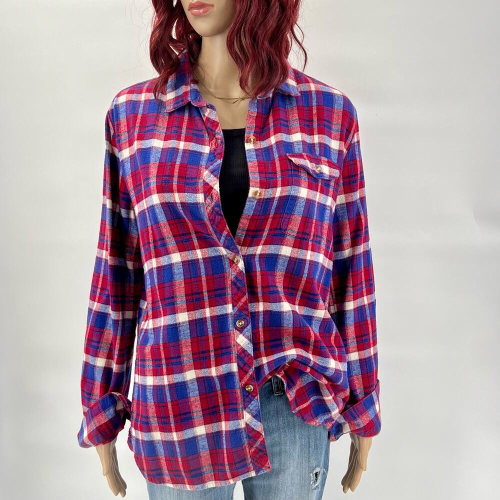 UO BDG Boyfriend Fit Plaid Flannel Shirt Medium Red Blue 100% Cotton